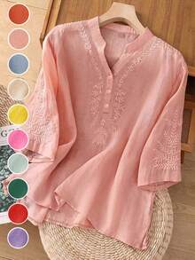 Women's Solid Color Embroidery Casual Loose Linen Blouse, Spring/Summer
