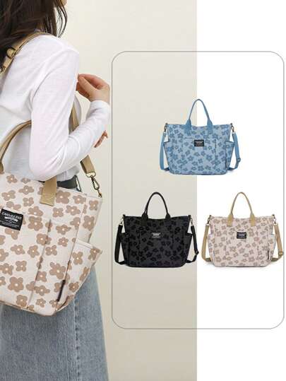 Bolsa de tote multibolsillos de moda, bolsa de lona estampada casual para documentos al por mayor, bolsa versátil para estudiantes, bolso de hombro