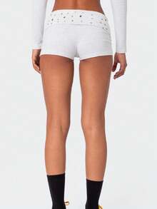 Women Y2K Studded Foldover Micro Shorts Vintage Low Waist Slim Fit Mini Shorts Summer Boxer Short Party Clubwear - Xám - Xem 3