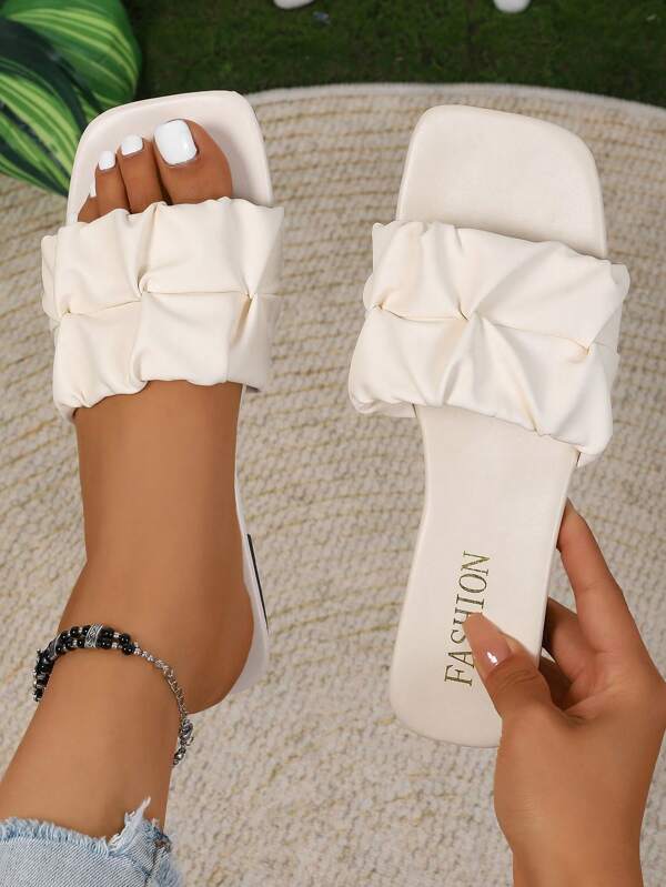 Women's Pleated One-Strap Square Toe Casual Slip-On Flat Sandals, Versatile Solid Color