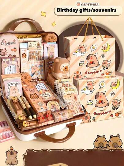 1set Capybara-Themed Stationery Gift Set With Notebook, Pens, Paper Clips, And Accessories - Cute Learning Essentials Pack For Students And Animal Lovers(Random Style)(Keychain Styles Are Random)