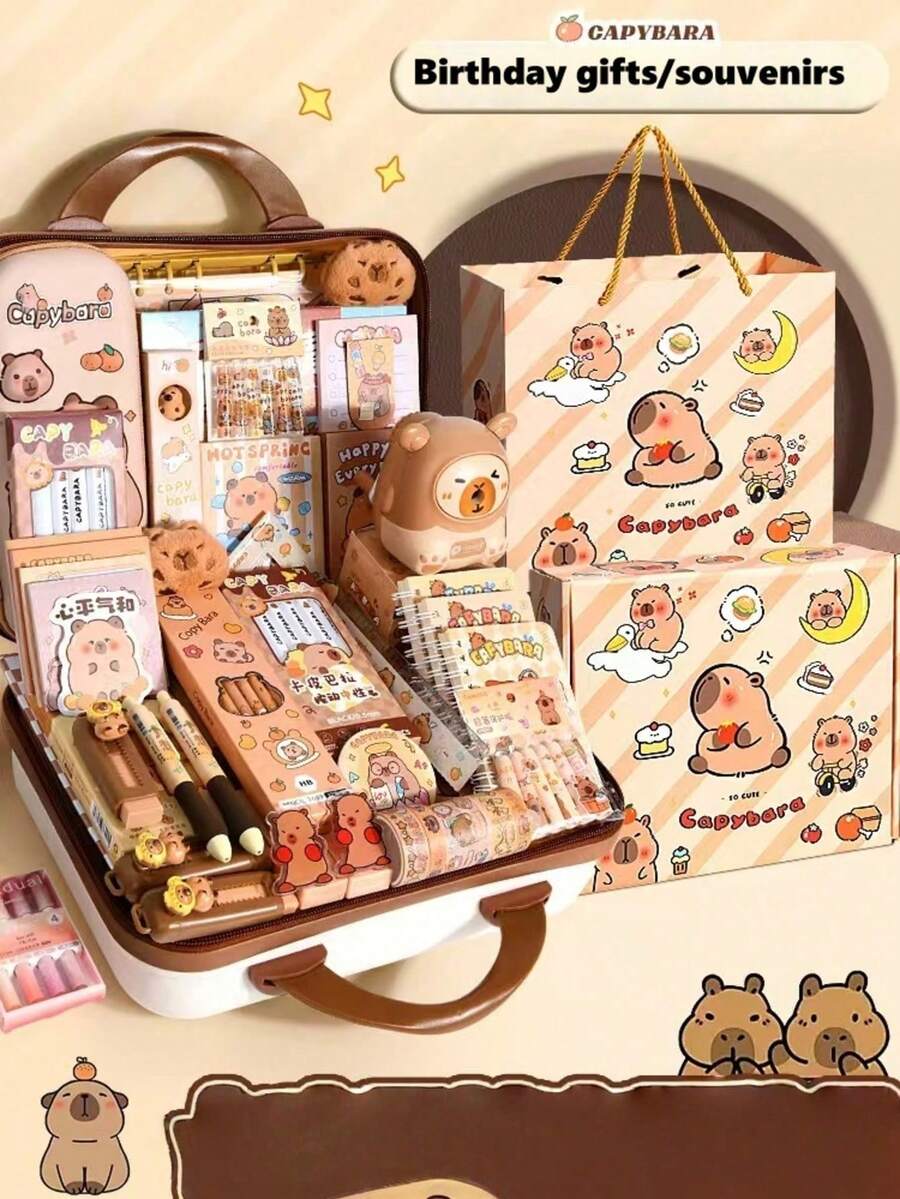 1set Capybara-Themed Stationery Gift Set With Notebook, Pens, Paper Clips, And Accessories - Cute Learning Essentials Pack For Students And Animal Lovers(Random Style)(Keychain Styles Are Random)