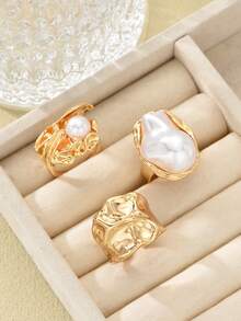 3 件复古不对称金属金色抽象戒指，巴洛克仿珍珠装饰戒指，可堆叠厚珠宝套装，适合女性日常和各种派对装饰、时尚服装搭配、节日礼物