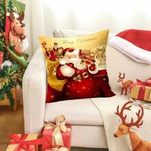 1pc/280pcs Christmas Theme Pillow Cover, Vintage Golden Santa Claus Element Pattern, Suitable For Christmas Living Room Bedroom Sofa Decor, 45x45cm Pillow Cover, Christmas Party Gathering Decor, Christmas Party Restaurant Decor, Party Atmosphere Decoration, Without Pillow Insert, Suitable For Daily, Holiday, Party, Birthday, Wedding, Dinner, Kitchen, Dining Room And Other Home Textile Decor - Vintage Golden Santa Claus - View 4
