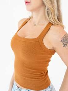 Women's Ribbed Tank Top Cotton With Elastane - Camel - View 1