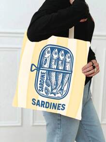 1PC Women's Reusable Tote Bag, Handbag And Cosmetic Bag Set - Colorful Minimalist Pink And Green Striped Sardines Can Print Polyester Shopping Bag, Fixed Shoulder Strap Design, Suitable For Beach, Picnic, Grocery And Food Storage, Foldable Tote Bag, Multi-Function, Multi-Purpose, Large Capacity, - Multicolor - View 10