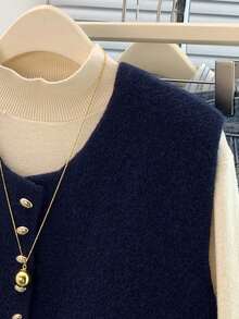 Women's Navy Knit Waistcoat - French Chic Button Front Vest With Pocket, Soft Stretch For Layering