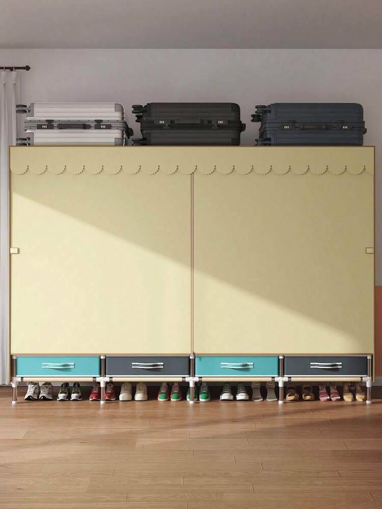 1 Pc Large Capacity Portable Wardrobe, Steel Frame Structure Design With Reinforced Stability, Combination Of Hanging Space And Multi-Layer Storage Area, Bottom Drawer Design For Clothes, Top Space Utilized, Suitable For Home, Bedroom, Efficient Storage Furniture - Multicolor - View 5