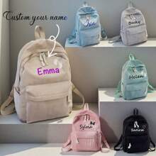 1pc Personalized Name Corduroy College Style Minimalist Streetwear Casual Large Capacity Women Backpack (Blue)