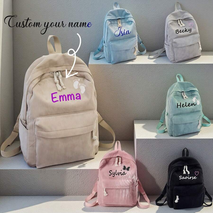 1pc Personalized Name Corduroy College Style Minimalist Streetwear Casual Large Capacity Women Backpack (Blue)