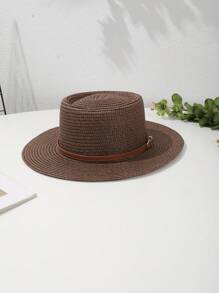 قبعة قش بوهيمية بإبزيم جلد بني محدب مسطح، مناسبة للاستخدام الخارجي في الصيف والسفر والعطلات