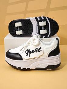 Kids' Roller Skate Shoes With 4 Wheels, Detachable Roller Skating Shoes, Lace-Up Heelys Sneakers, Fashion Casual Shoes For Boys And Girls - Black - View 5