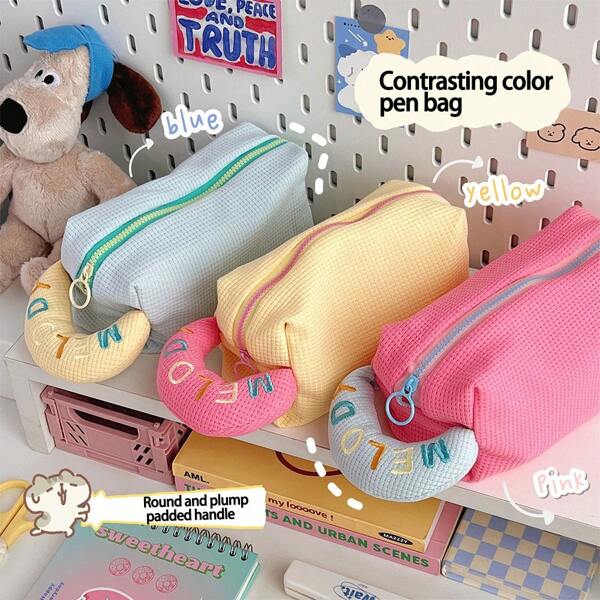 Cream Puff Pen Bag, Checkered Fabric Plush Storage Bag, Large Capacity Pen Holder, Cute Student Stationery Organizer