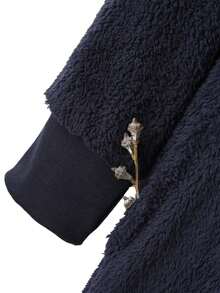 Plus Size Winter Fleece-Lined Vintage Floral Print Hooded Casual Cardigan Jacket - Navy - View 5