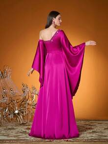 Elegante, Nova Chegada, Um Ombro, Elegante, Vestido de Baile, Floral 3D, Fenda Alta, Manga Babada, Cetim, Vestido Longo, PARA, Baile de Formatura, Casamento, Vestido de Festa, Vestido de Convidada de Casamento, Vestido de Noite