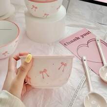 4 件套蝴蝶结图案陶瓷碗套装 - 包含 2 个碗和勺子，可用洗碗机清洗，适用于谷物、汤、沙拉、早餐、酸奶、甜点和冰淇淋 - 粉色 - 彩色 - 查看 3