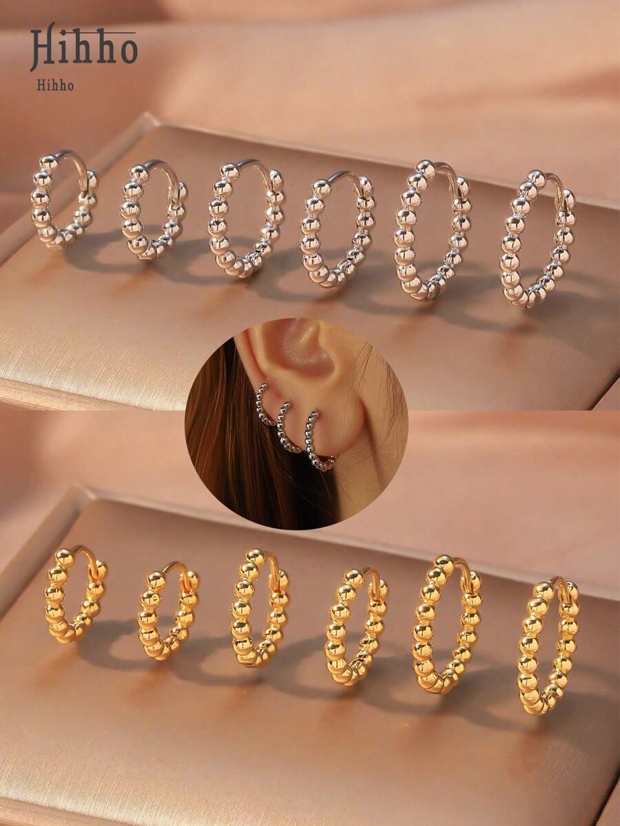 6 件套迷你串珠扭纹圆形耳环套装，简约圆形耳环，时尚轻巧椭圆形夹式耳环，适合休闲和运动穿着