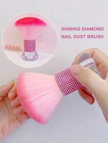 1pc Pink Rhinestone Large Size Soft Bristle Nail Art Dust Brush, Nail Surface Cleaning Brush, Makeup Powder Blush Brush Lashes - Pink - View 1