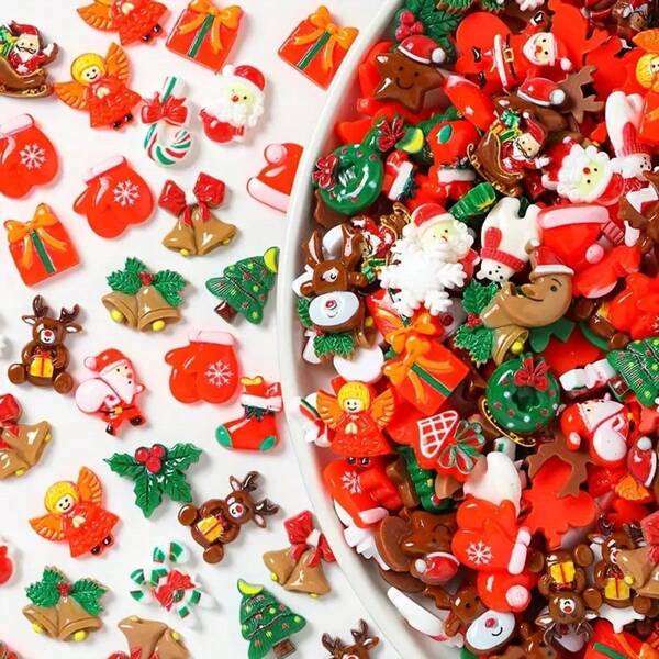 100pcs Mixed Christmas Resin Decorations - Various Holiday Shapes (Reindeer, Santa Claus, Snowman) With Vibrant Colors And Elegant Patterns, Suitable For DIY Crafts, Scrapbooking, Jewelry Making - Holiday Decor And Gift Embellishments, Christmas Accessories, Scrapbooking Essentials, Holiday Themed Shapes, Detailed Craftsmanship, Glossy Finish, Decorative Elements, Decorative Figurines, Ideal For Scrapbooking Enthusiasts