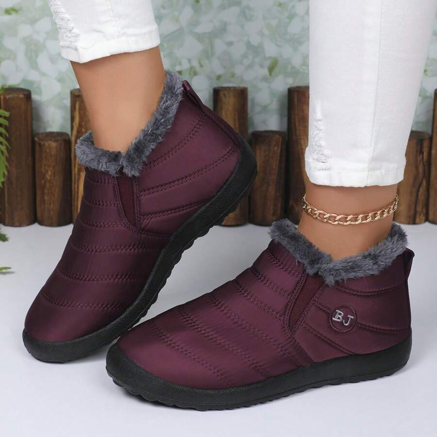 Botas de tobillo con forro de felpa impermeable para otoño/invierno, suela suave y ligera antideslizante, cómoda y casual, cierre elástico de un solo toque, adecuada para padres, color vino tinto