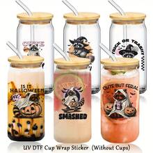 9 件可爱浣熊万圣节 UV DTF 转印贴纸 - 幽灵南瓜和女巫杯贴花，适用于玻璃杯、玻璃杯、马克杯、瓶子、DIY 艺术工艺品用品、万圣节装饰 - 彩色 - 查看 4