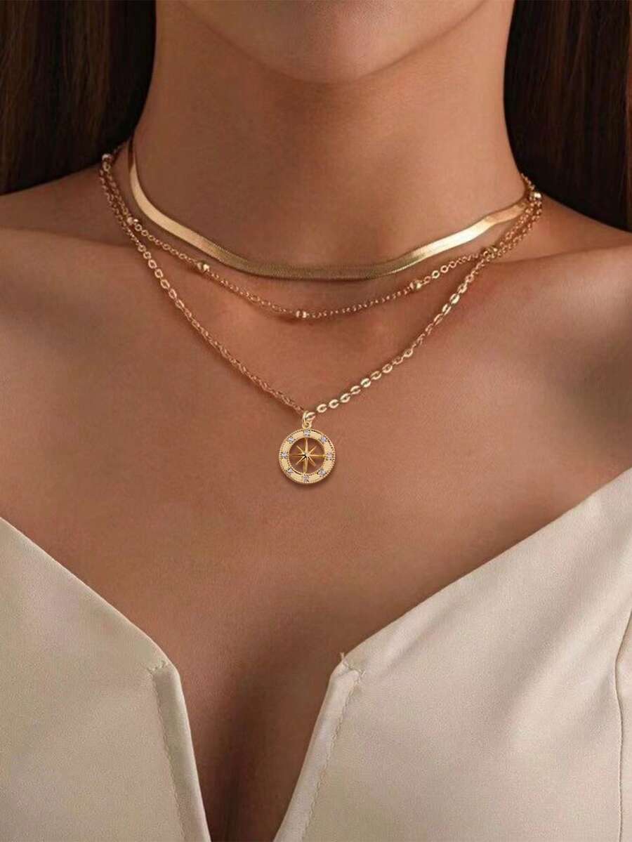 Stunning Copper Round Hollow Star Sun Inlaid With Shining Cubic Zirconia Pendant, With Stainless Steel Gold Wire Wide Flat Blade Chain Layered Design Necklace, Suitable For Women's Beach Party Wear - 金黃色 - 查看 1