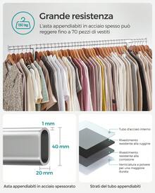 Stand Appendiabiti con Rotelle, Portabiti per Carico Pesante, Barra Estensibile, Portata 130 kg, 45 x (110-150) x 162,9 cm, Metallo Cromato, Argento - Argento - Visualizzare 2