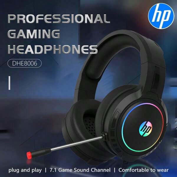 HP Auriculares con cable USB HP 8006 con sonido envolvente 7.1, auriculares over-ear con graves profundos, micrófono con cancelación de ruido. Para uso en juegos y oficina, con efecto de iluminación de ambiente colorido