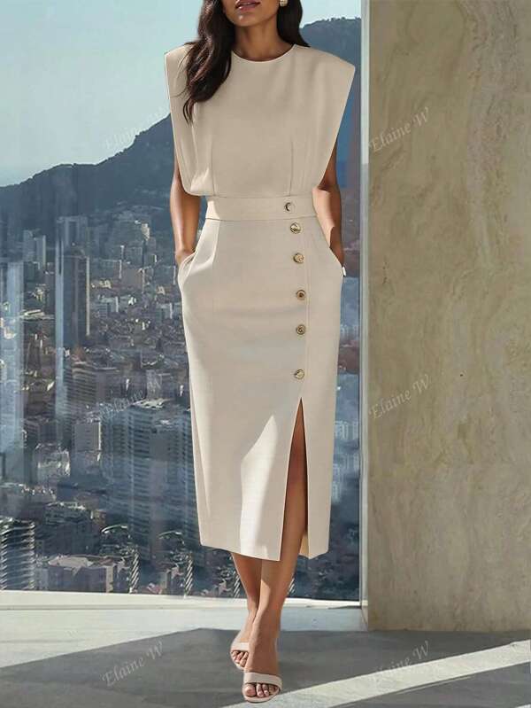 Women's Button Slit Round Neck Bodycon Mid-Length Dress, Solid Color, Elegant, Woven Fabric, Summer