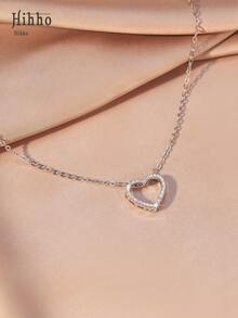 Hihho 1pc Fashionable Simple Style Inlaid Heart Shaped Pendant Necklace For Women Valentines - Silver - View 2