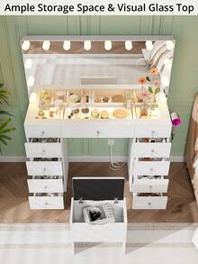 VOWNER 46" Makeup Vanity Desk With Whole Lighted Mirror & Power Outlet, Modern Vanity Table With 11 Storage Drawers & Soft Stool, 14-Bulbs Large Mirror, 3-Color Lighting & Brightness Adjustable, Bedroom Vanity Set Gifts For Girls Women, Christmas - 查看 2