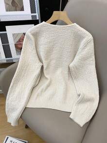 New Fashion V-Neck Sweater, Essential For Autumn/Winter. Diverse Styles Including Solid Color Long Sleeve Tie Design, School Uniform, Cute Style, And Streetwear. Suitable For Casual Minimalist, Office Wear, Retro Style, Daily Casual Outfits, Christmas And Thanksgiving Dresses, New Year's Eve And Other Occasions. - White - View 4