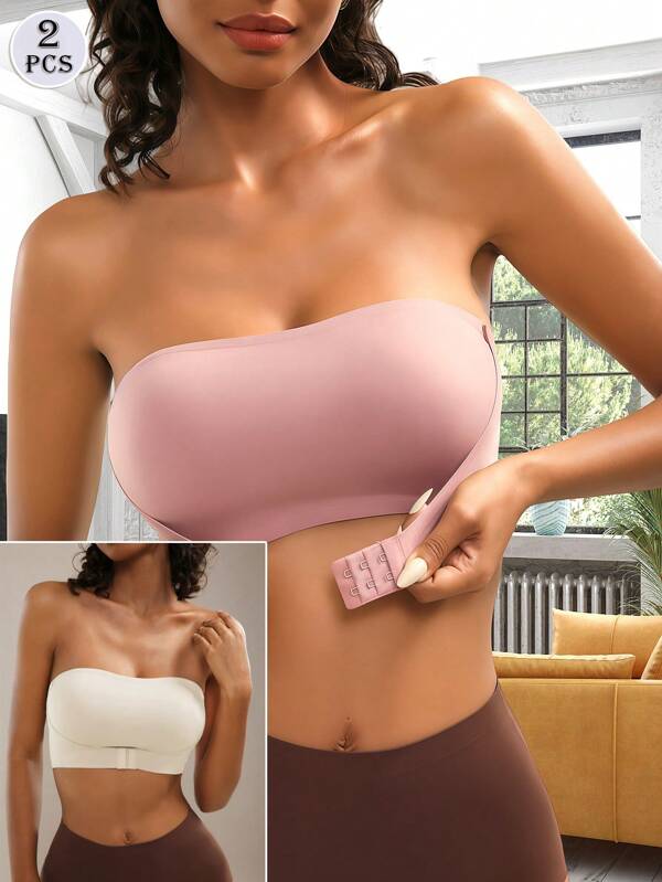 2pcs/Set Strapless Front Closure Bras, Solid Color With Pleats