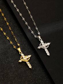1 pezzo Elegante collana con pendente a corona rotante, lega di rame con pietre di zirconia, adatta per adolescenti, moda di strada, feste, spiaggia, regalo religioso cristiano, accessori dorati per il ritorno a scuola - Multicolore - Visualizzare 5