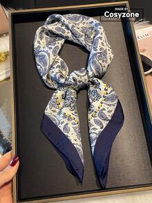 1 件女士仿丝佩斯利花卉印花波西米亚风格头巾，春夏必备，时尚百搭小围巾，适合日常装饰 - 藍白色 - 查看 1