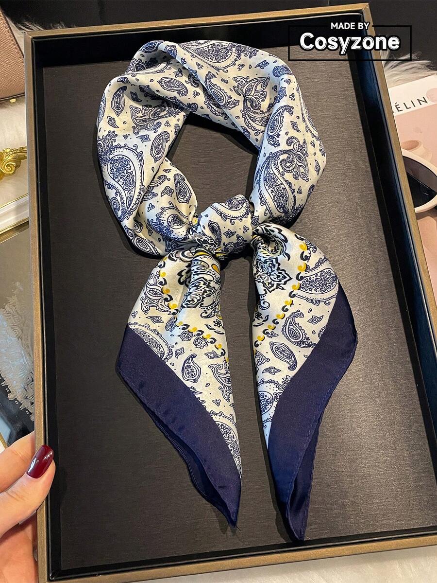 1 件女士仿丝佩斯利花卉印花波西米亚风格头巾，春夏必备，时尚百搭小围巾，适合日常装饰 - 藍白色 - 查看 1