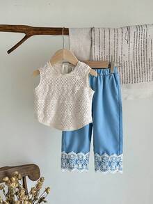 2pcs/Set Baby Girl Knitted Vest And Lace Trim Wide Leg Pants, Cute & Elegant Style - Apricot - View 6