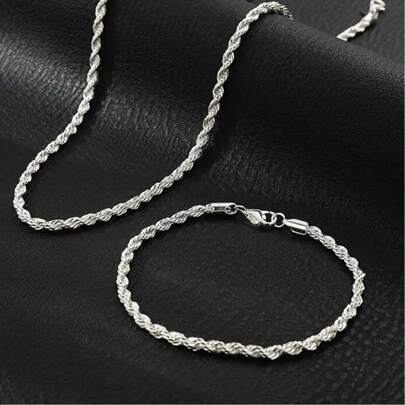 Set de 2 piezas de nuevo collar de cadena retorcida y pulsera de moda, de acero inoxidable color plata, accesorios de joyería unisex de estilo hip-hop, accesorios de Halloween, accesorios de ropa punk, accesorios de jeans