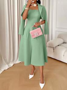 AIJ Amarilo 女士优雅法式时尚纹理短外套和 A 字吊带裙套装两件套 - 淺綠色 - 查看 6