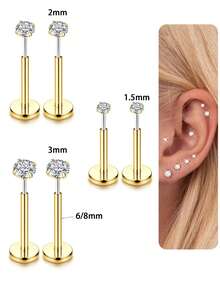 3对14K镀金耳钉，镶嵌立方氧化锆，男女通用，不锈钢扁平夹式耳环，鼻钉，低过敏性，适合返校和日常佩戴 - 如圖所示 - 查看 5