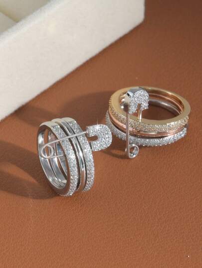 حلقة ثلاثية الألوان قابلة للفصل وقابلة للتعديل مع زركونيا مرصعة في الوسط، حلقة دبوس بتصميم شرقي إبداعي للارتداء اليومي