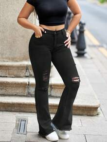 Women's Tight Flared Jeans With Fashionable Torn Holes And Pockets, Made Of Raw Hemp, Casual And Versatile, Women's Flared Jeans - 黑色 - 查看 2