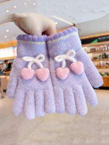 1 Pair Kids Winter Full Finger Gloves, Girls Warm Thermal Lined Thick Windproof Knitted Mittens For Outdoor Snow Play, Suitable For 6-12 Years Old - Cherry Full Finger Gloves - View 10