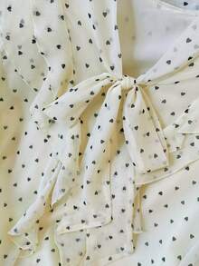 法式荷叶边爱心波点印花宽松蝴蝶结长袖衬衫 - 杏色 - 查看 6