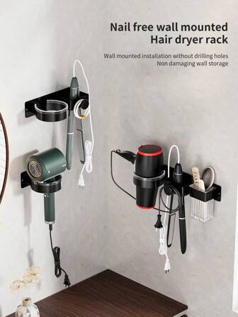 New Simple Black Hair Dryer Storage Rack, Bathroom Hair Dryer Holder, Minimalist No-Drill Hair Dryer Organizer, Bathroom Hair Styling Tool Storage Rack, Curling Iron Holder, Straightener Holder, Multi-Function Hair Dryer Stand, Bathroom Accessories