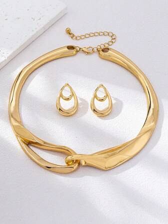 1 Set Minimalist Alloy Nail Choker Necklace & Water Drop Earrings, Women Daily/Beach Wear, Summer Gift