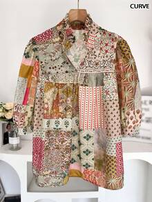 大码女式休闲假日印花荷叶边宽松半袖灯笼袖衬衫，春夏度假 - 彩色 - 查看 4
