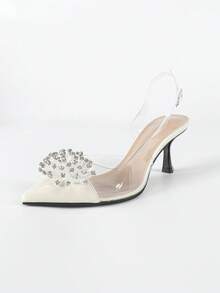 Sandalias de tacón medio con tira transparente y puntera con adorno de cristal elegante para mujer, versátiles para ocasiones formales y casuales, primavera/verano, blanco - Blanco - Ver 7