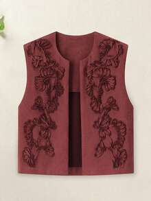 Cowgirl Vest Western Outfit For Women Embroidery Faux Suede Vest Cropped Cardigan Boho Top - Brown - View 4