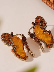 A Pair Of Elegant Retro Butterfly Glass Bead Earrings With Gold-Plated Zinc Alloy Pendant Earrings Suitable For Women's Spring Festival Jewelry, Suitable For Party And Celebration Accessories Matching - 彩色 - 查看 3